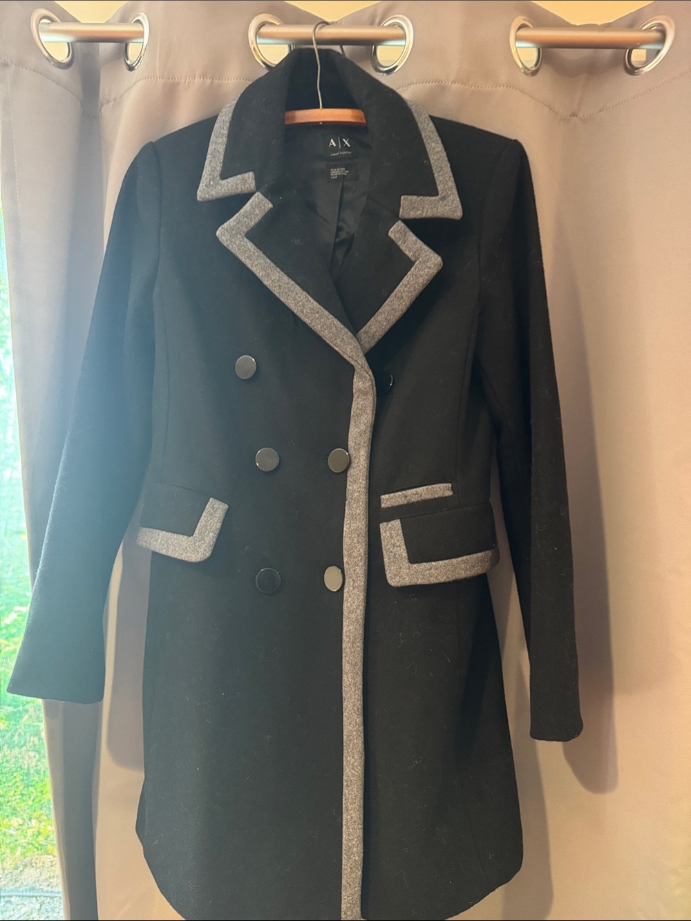 A/X Armani Exchange Black Double-Breasted Pea Coat with Gray Trim